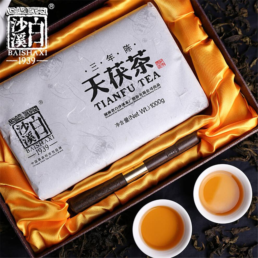 湖南安化黑茶白沙溪金花獲磚茶手工茶特產(chǎn)禮品茶三年陳天獲茶1kg